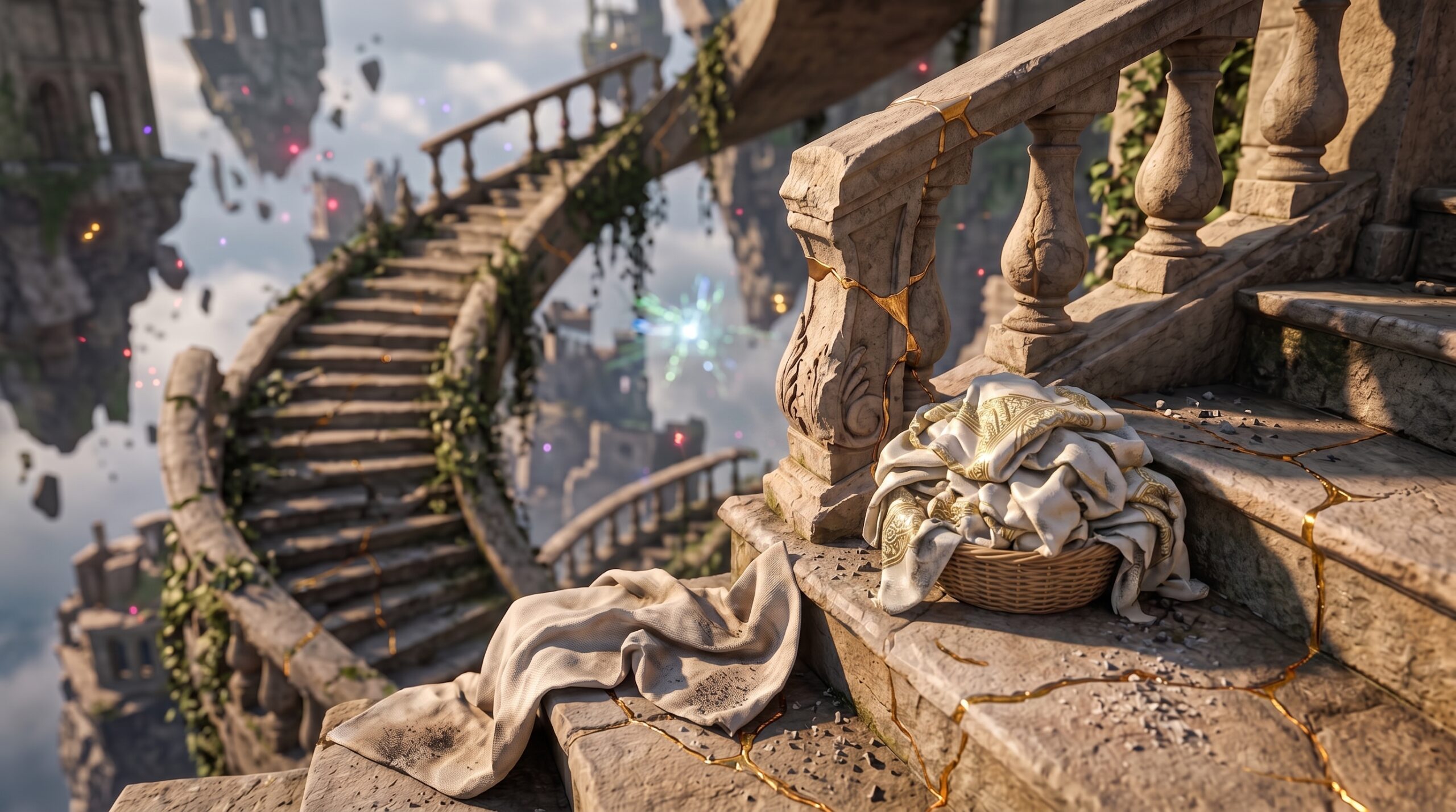 Epic fantasy landscape featuring a grand stone staircase with golden inlaid details, a basket of fine cloth, and floating islands in the cloudy sky, representing fantasy literature by author Valentine Plaisier.
