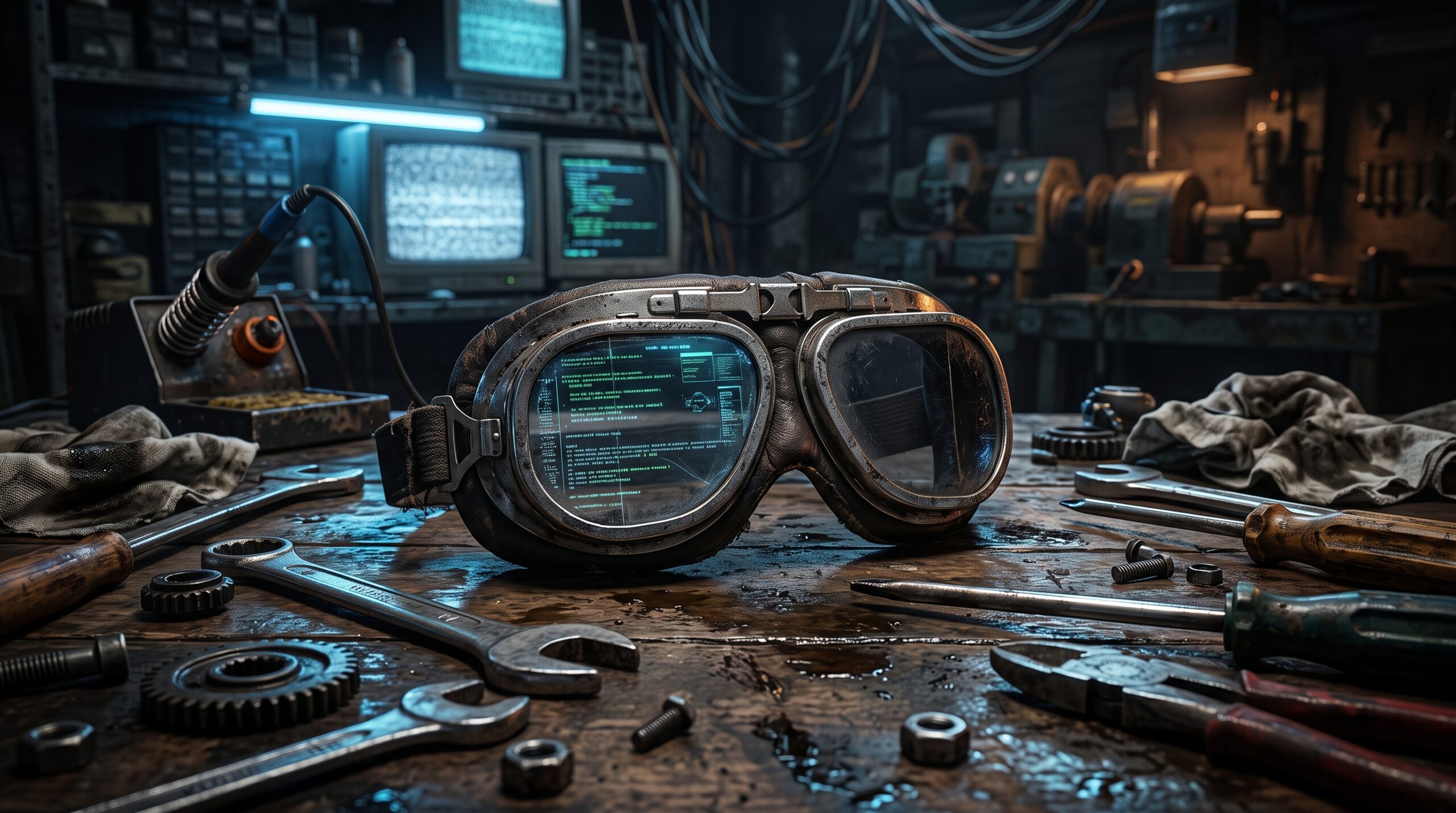 Cyberpunk workshop workbench with futuristic digital goggles displaying code, surrounded by tools, gears, and old computer monitors, representing the sci-fi story Formosa by author Valentine Plaisier.