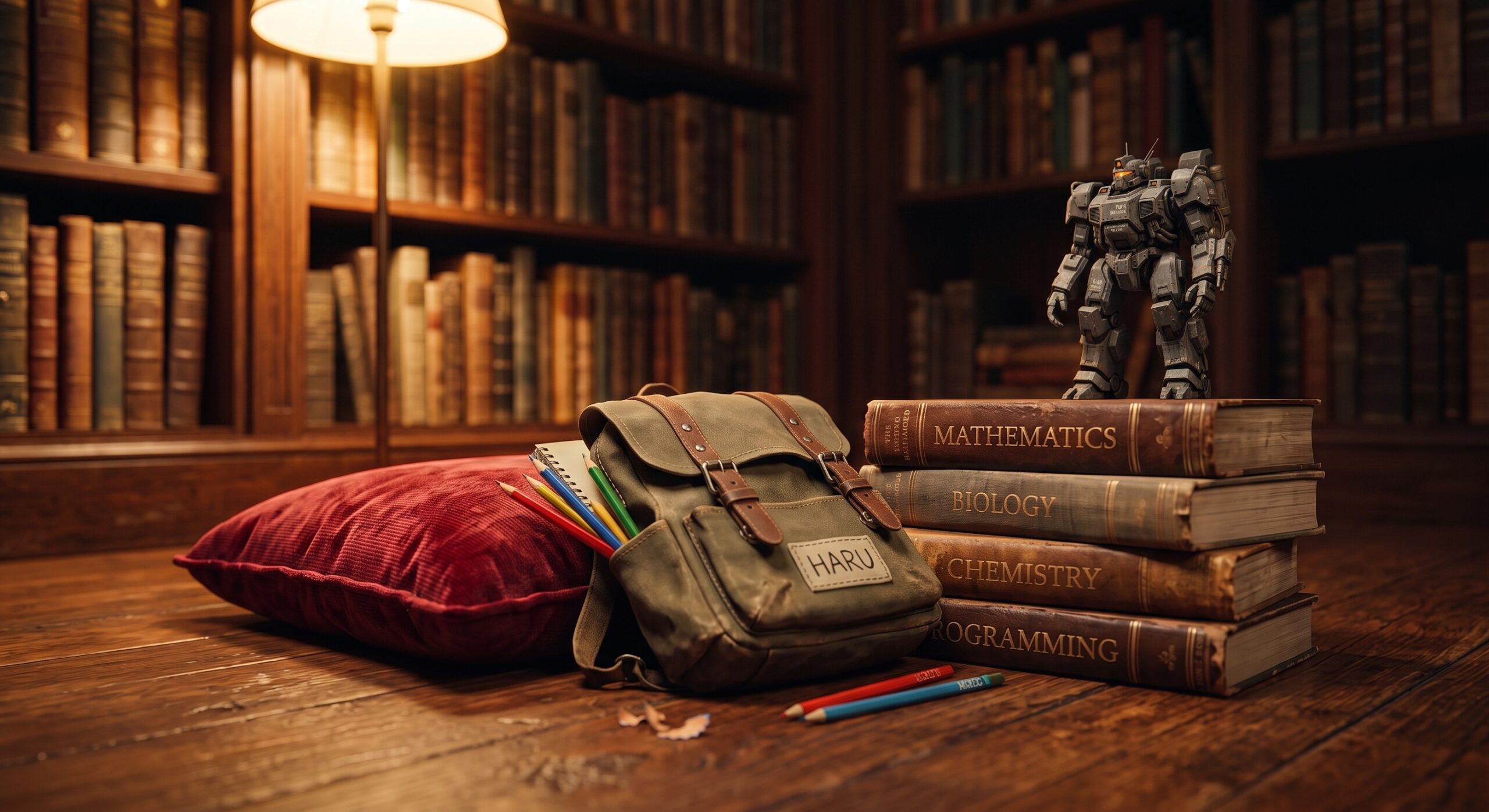 Cozy library setting with a student's backpack labeled Haru, colored pencils, a stack of study books including mathematics and programming, and a small mecha robot figure, representing the Ryūkan book series by author Valentine Plaisier.